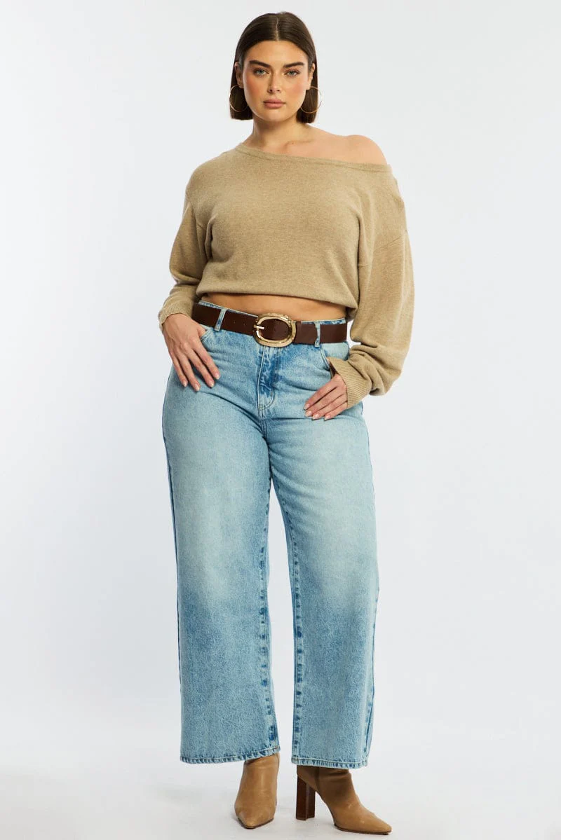 Beige Knit Top Off Shoulder Long Sleeve - Image 2