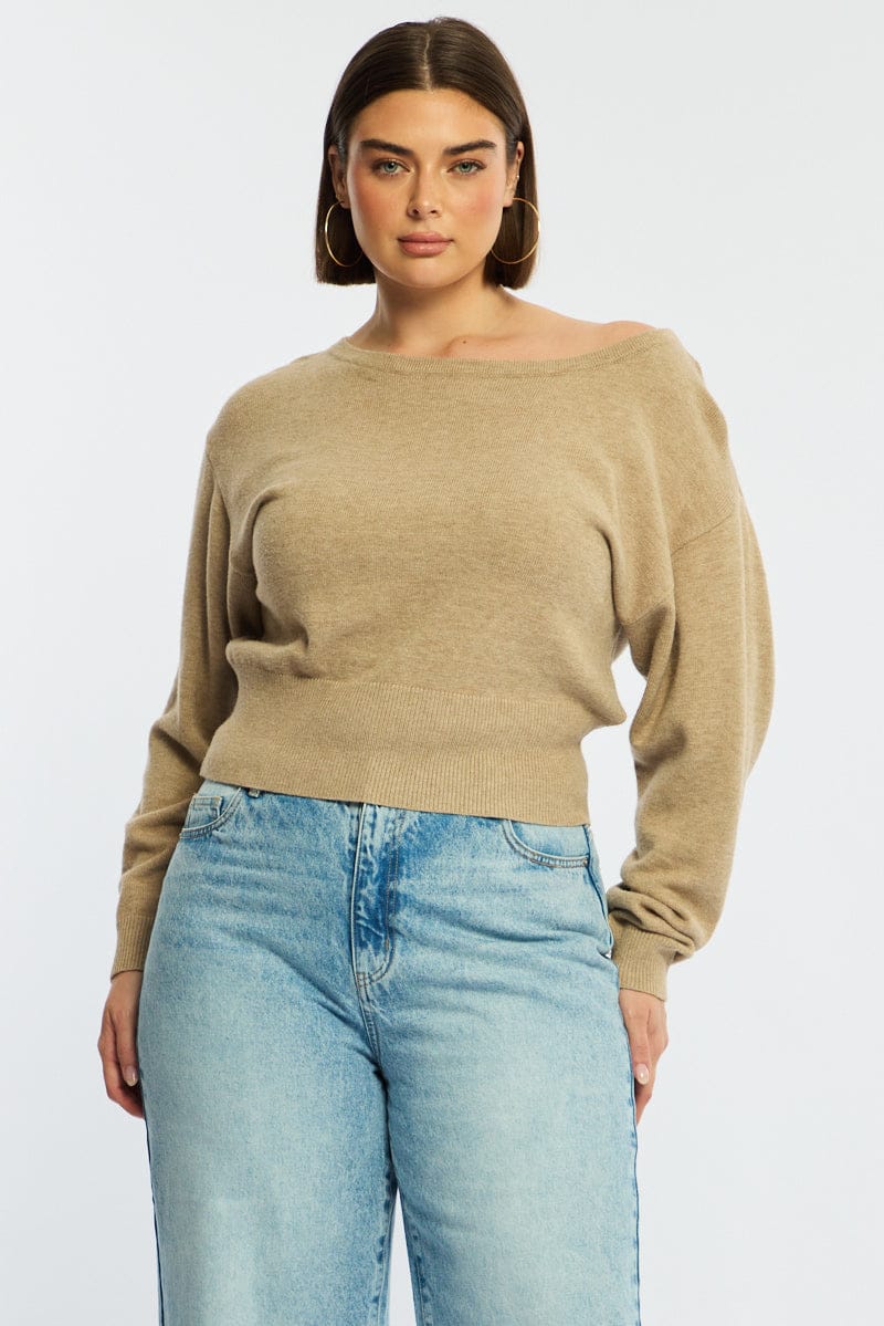 Beige Knit Top Off Shoulder Long Sleeve - Image 3