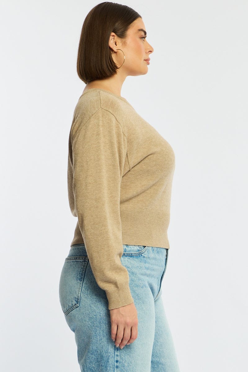 Beige Knit Top Off Shoulder Long Sleeve - Image 4