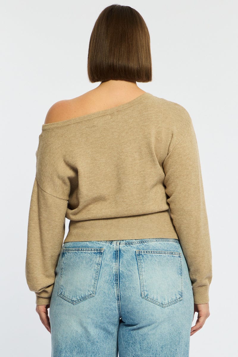Beige Knit Top Off Shoulder Long Sleeve - Image 5
