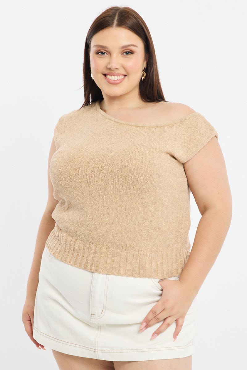 Beige Knit Top One Shoulder