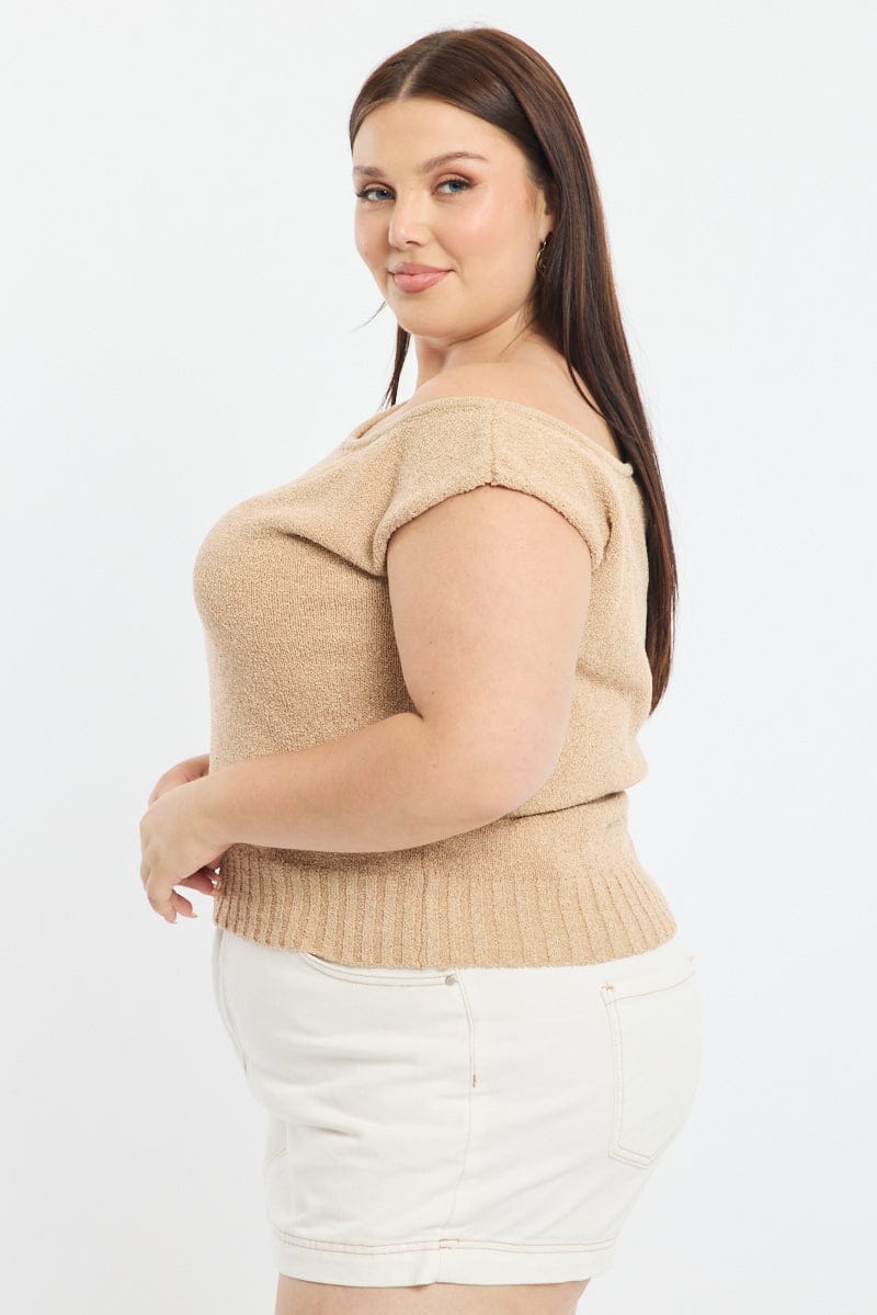 Beige Knit Top One Shoulder - Image 3