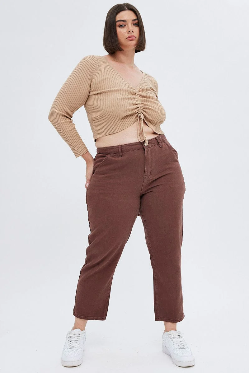 Beige Knit Top V-neck Long Sleeve Front Ruched - Image 2
