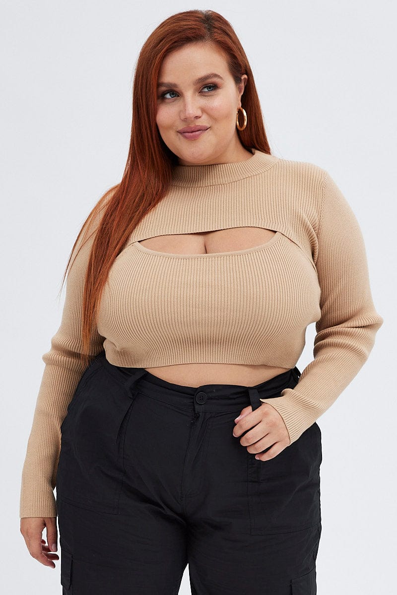 Beige Knitted Cami Top And High Neck Shrug Set - Image 3