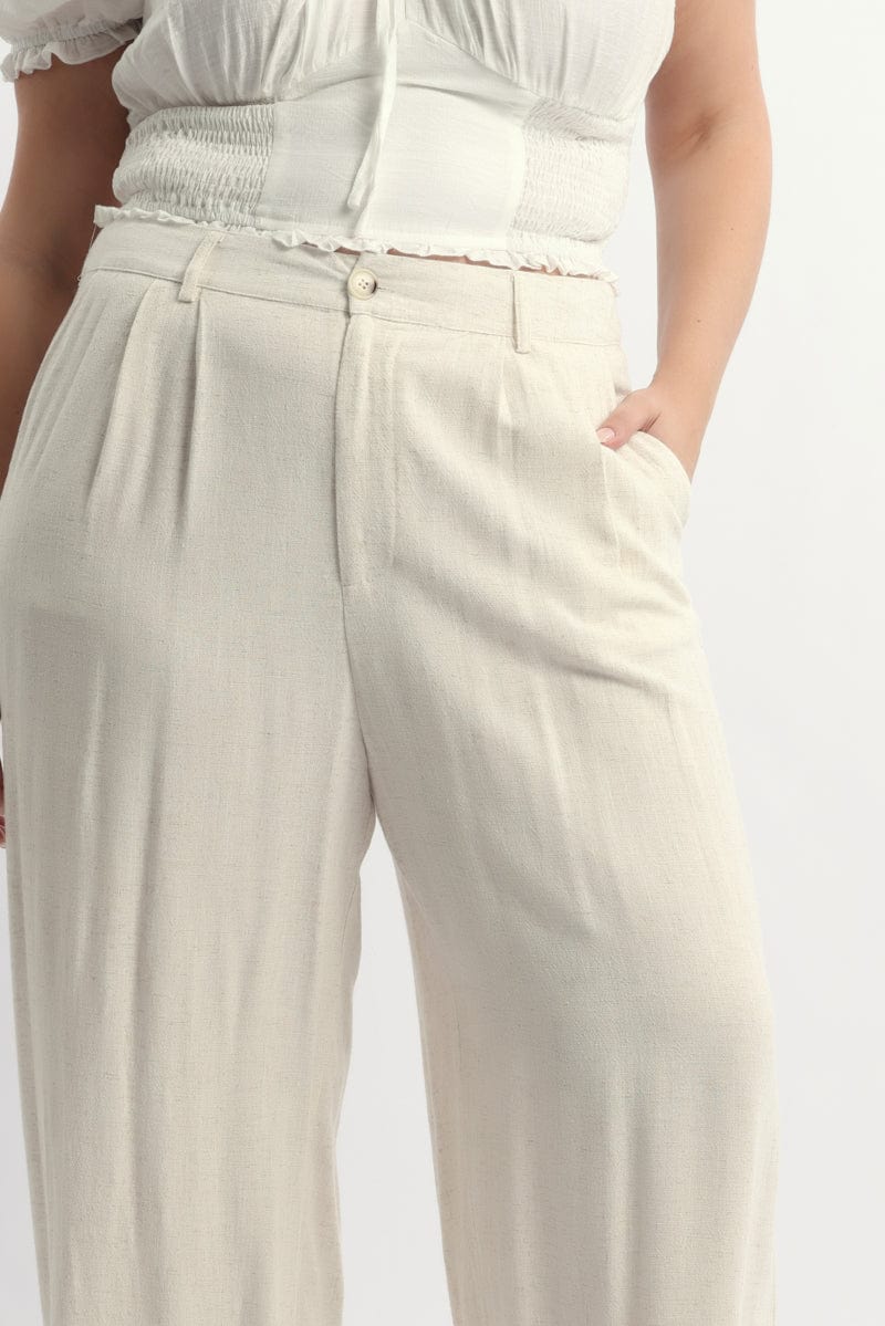 Beige Linen Blend Tailored Wide Leg Pants - Image 6