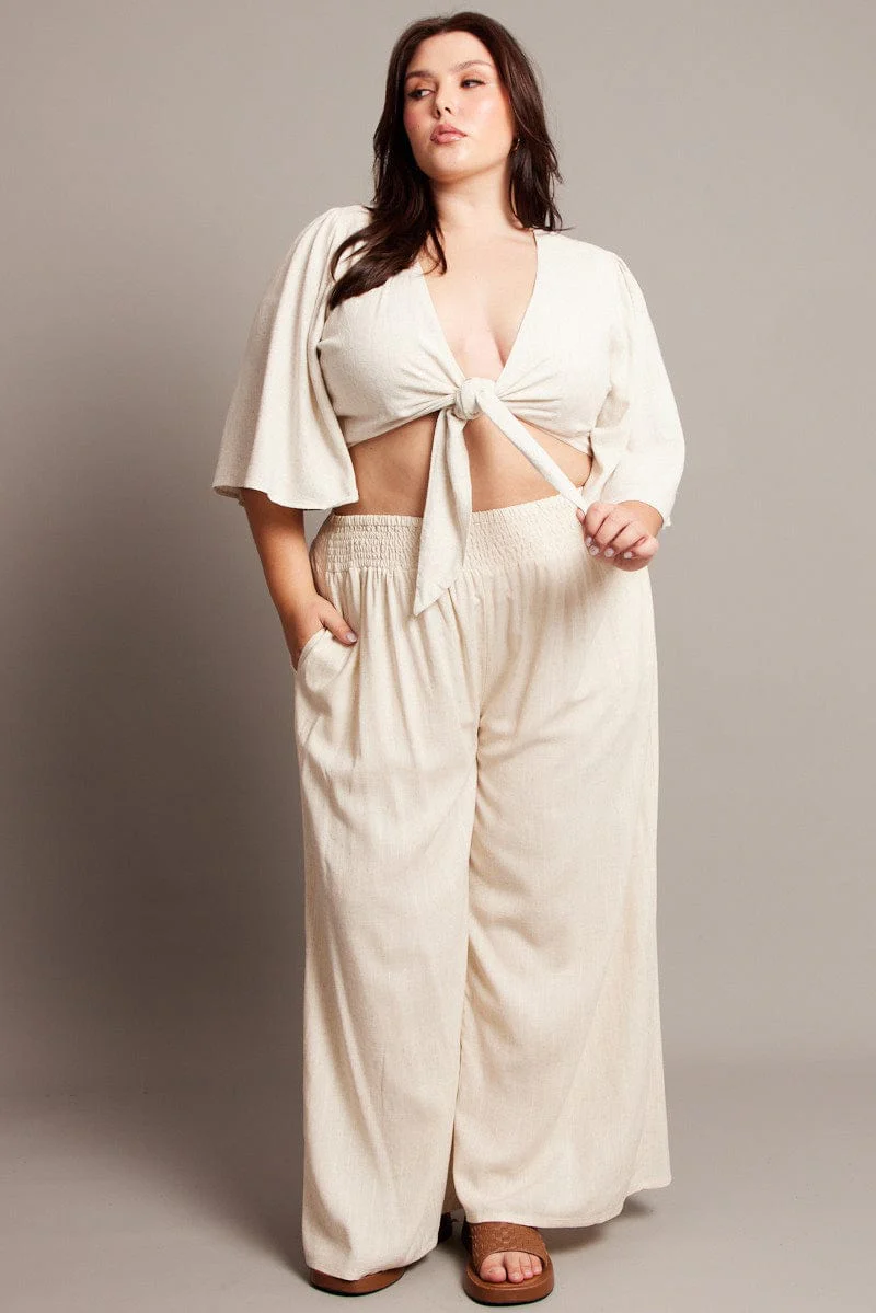 Beige Linen Blend Tie Front Flare Sleeve Bolero Jacket - Image 2