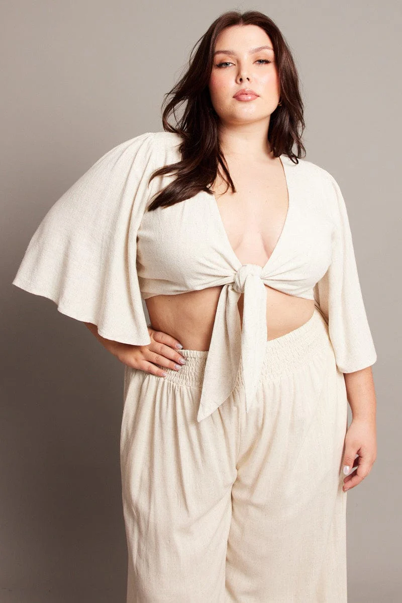 Beige Linen Blend Tie Front Flare Sleeve Bolero Jacket - Image 3