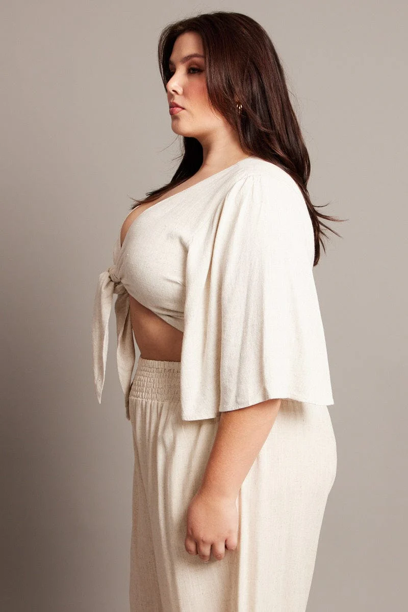 Beige Linen Blend Tie Front Flare Sleeve Bolero Jacket - Image 4