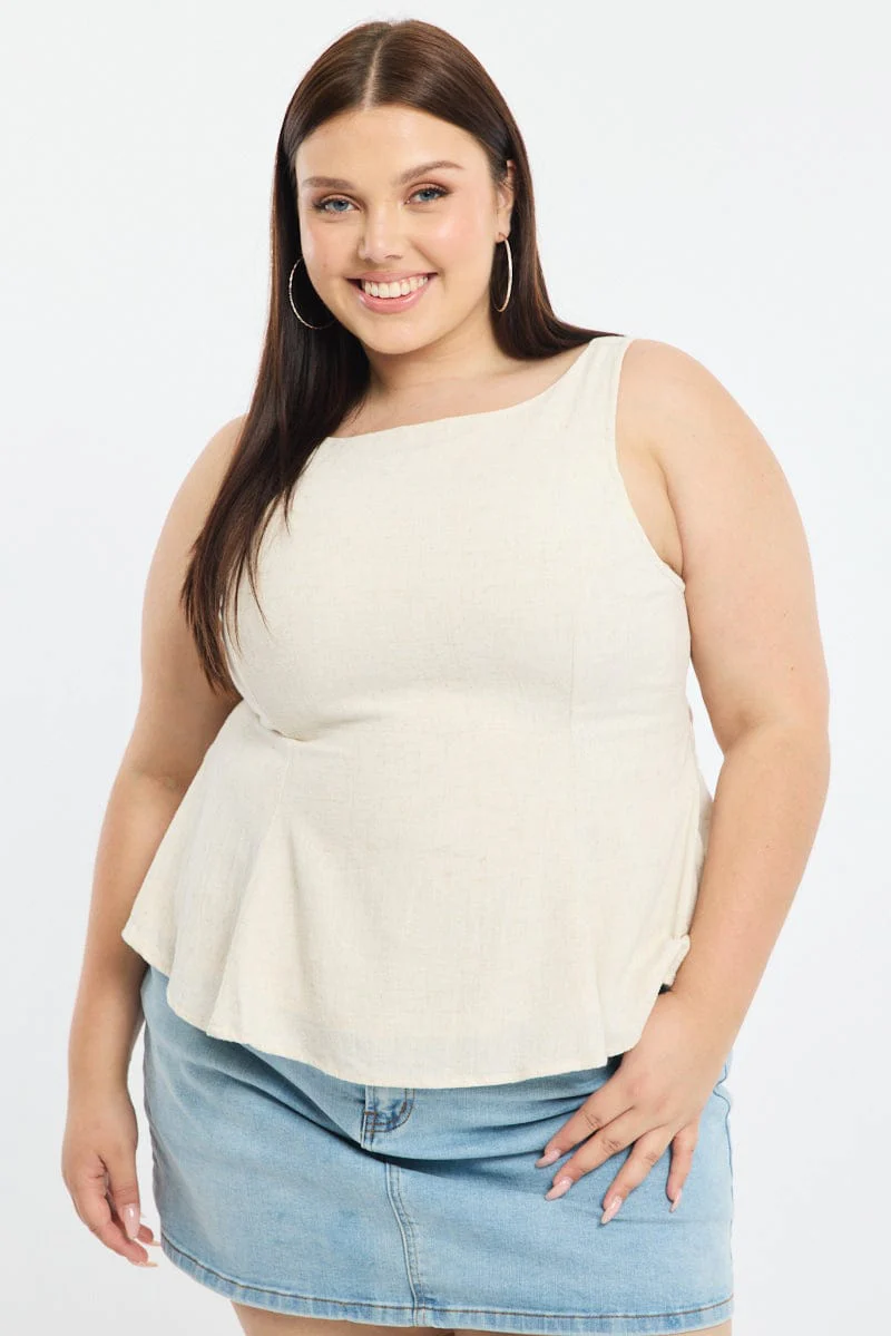 Beige Linen Peplum Top Sleeveless Cut Out Back