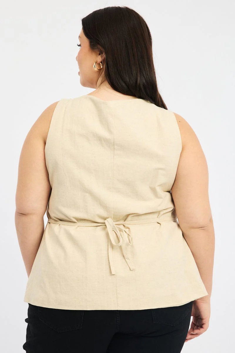 Beige Linen Square Neck Vest - Image 4