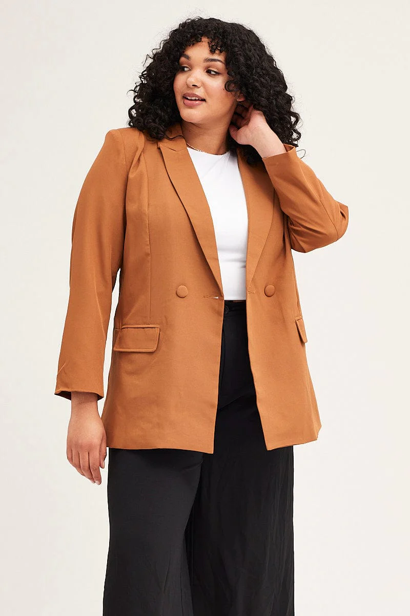 Beige Long Sleeve Double Breasted Blazer - Image 3