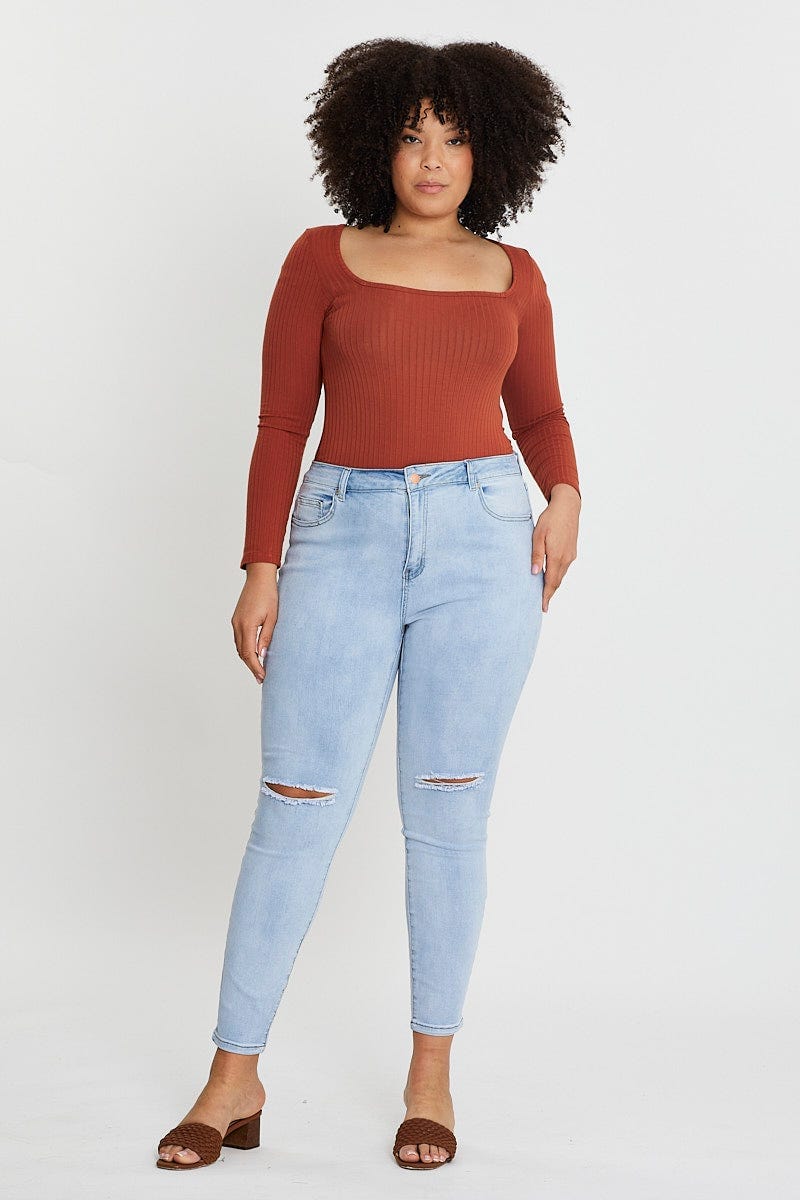 Beige Long Sleeve Rib Square Neck Top - Image 2