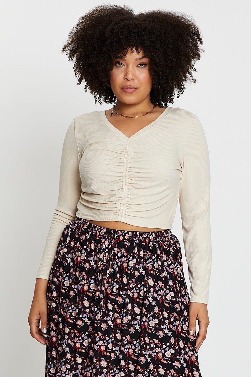 Beige Long Sleeve Ruched Front Rib Top - Image 3