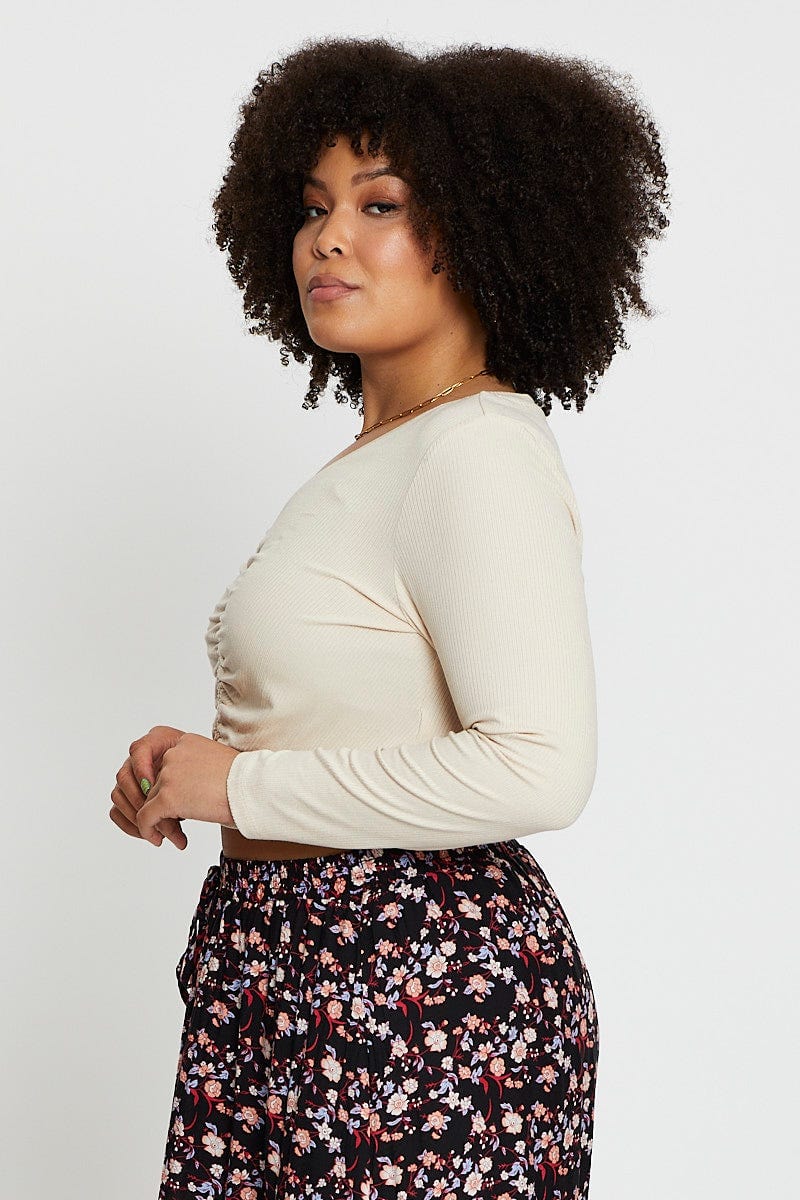 Beige Long Sleeve Ruched Front Rib Top - Image 4
