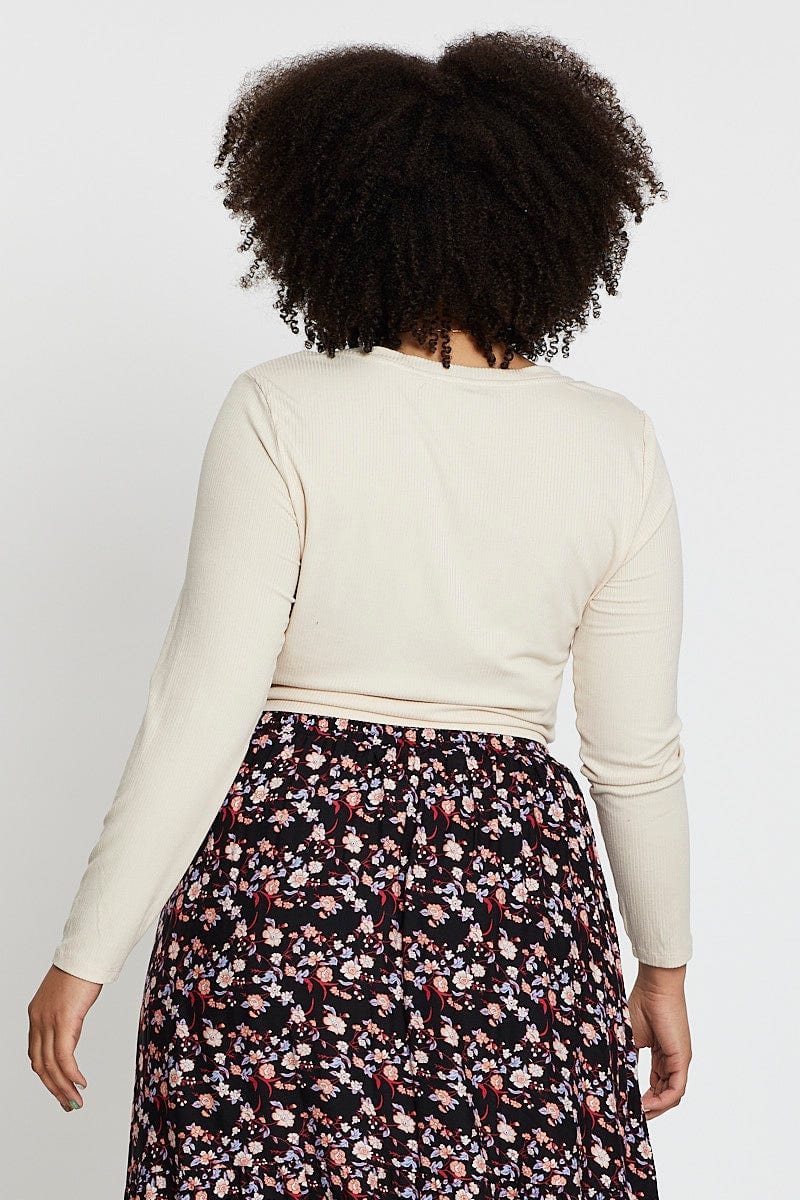 Beige Long Sleeve Ruched Front Rib Top - Image 5