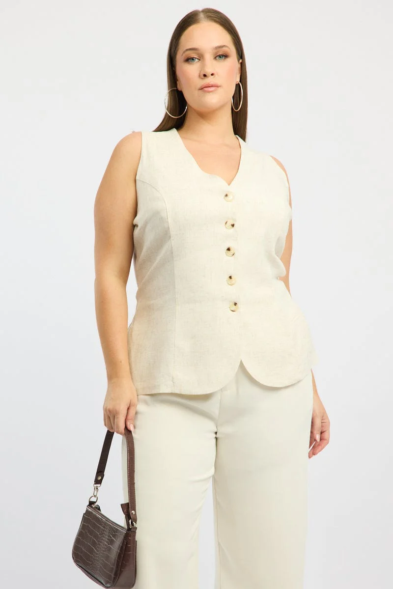 Beige Longline Linen Blend Tie Back Vest