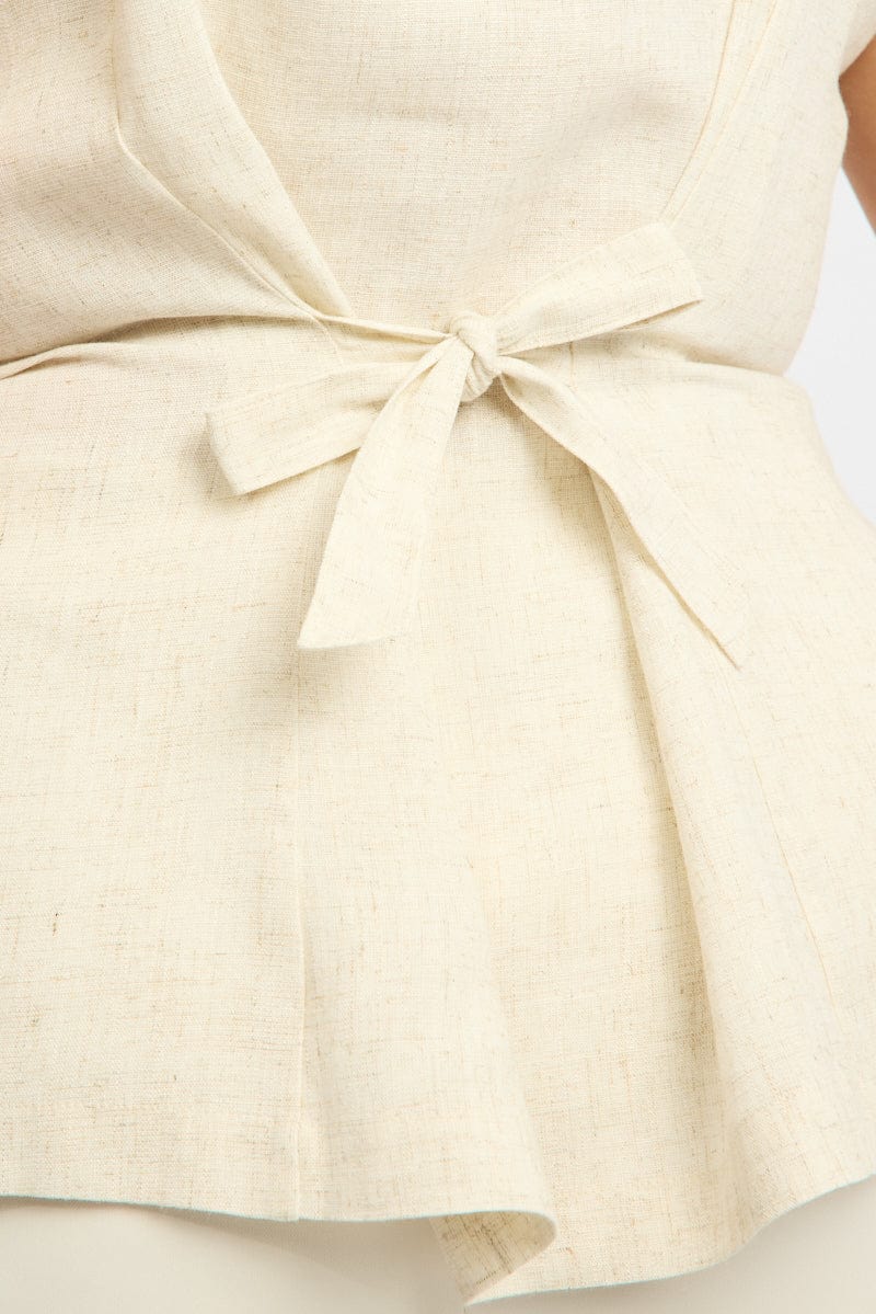 Beige Longline Linen Blend Tie Back Vest - Image 6