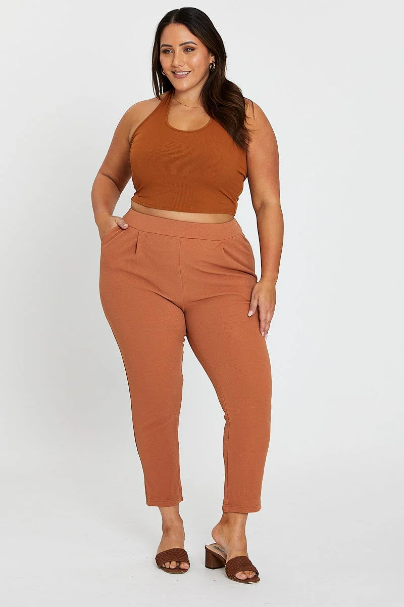 Beige Mid Rise Beige Slim Pants - Image 3