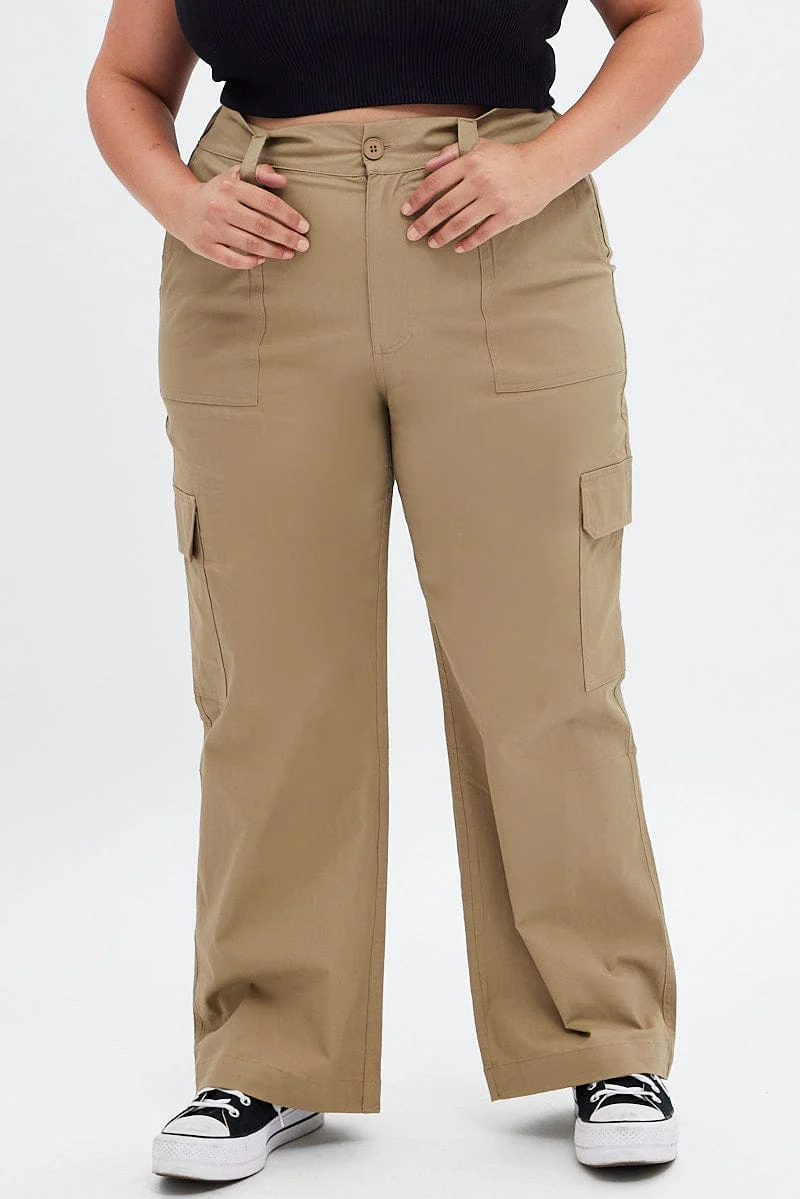 Beige Mid Rise Wide Leg Cargo Pants - Image 2