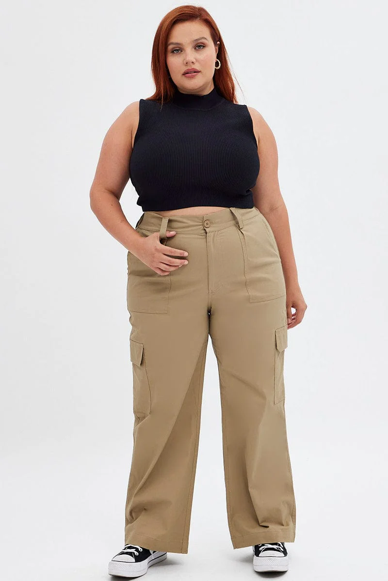 Beige Mid Rise Wide Leg Cargo Pants - Image 3