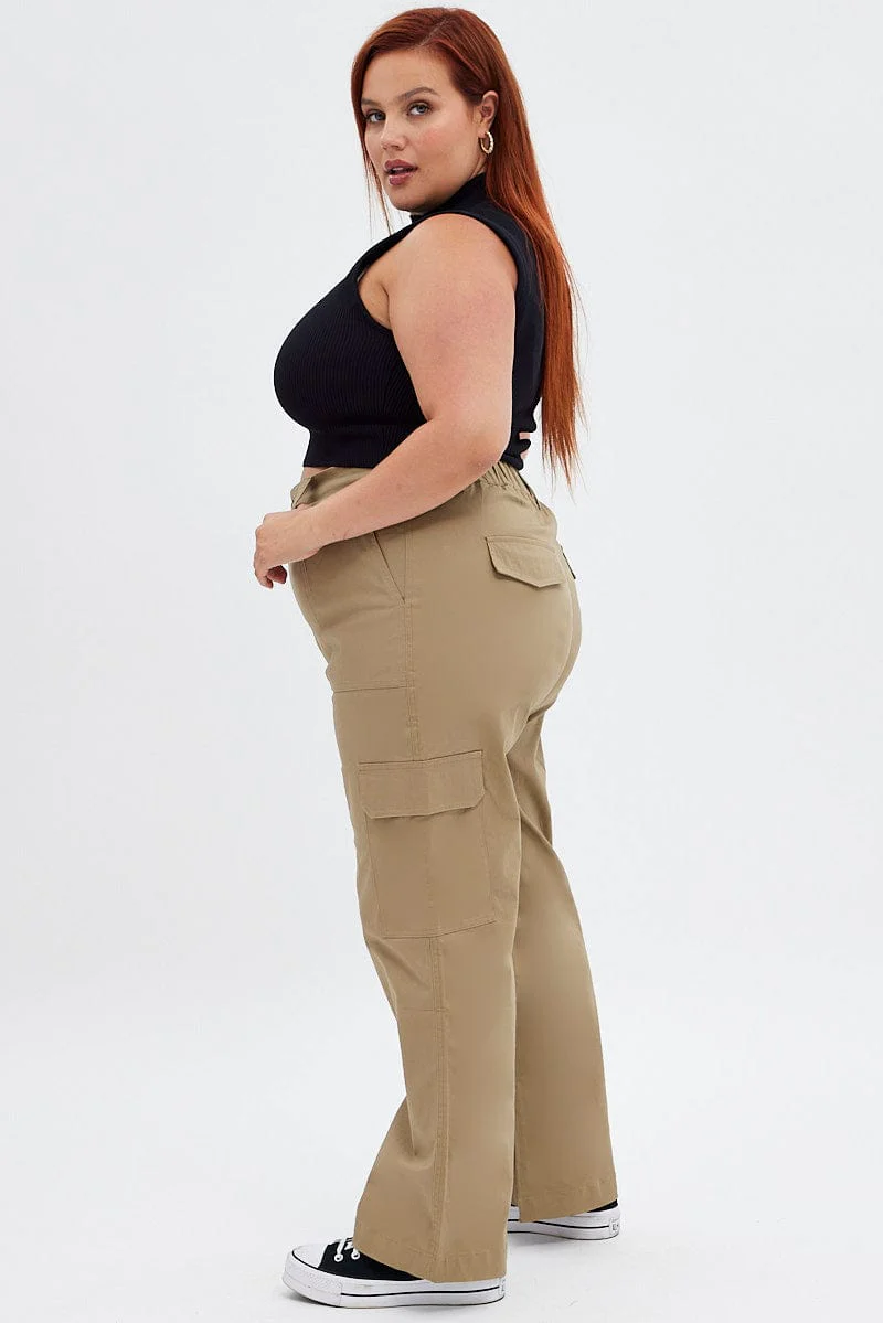 Beige Mid Rise Wide Leg Cargo Pants - Image 4
