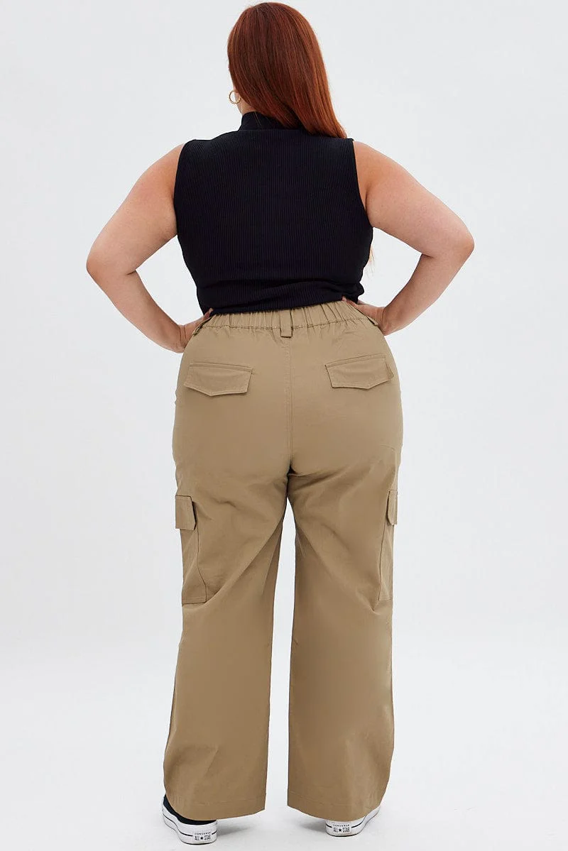 Beige Mid Rise Wide Leg Cargo Pants - Image 5