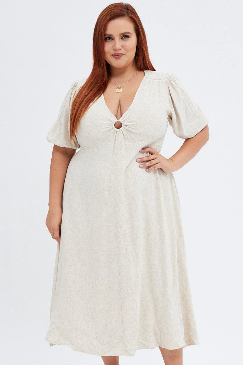 Beige Midi Dress Ring Linen Blend - Image 2