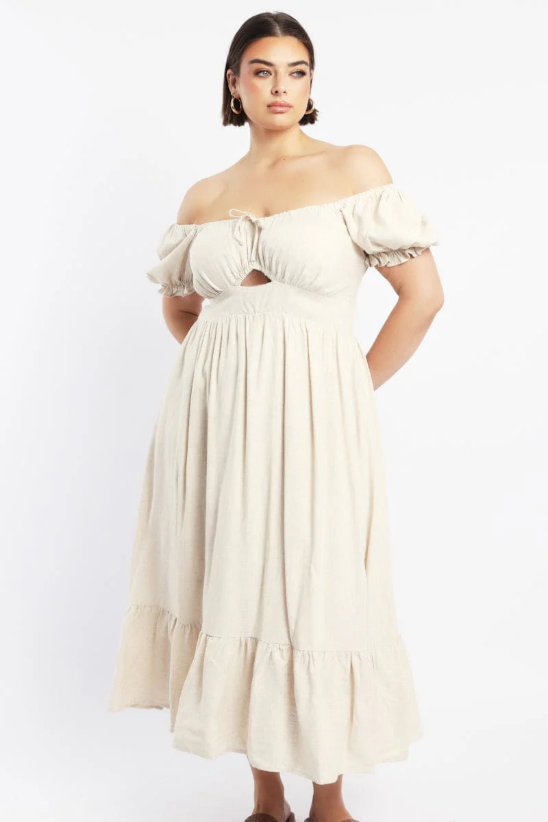 Beige Midi Dress Short Sleeve Cut Out Linen Blend