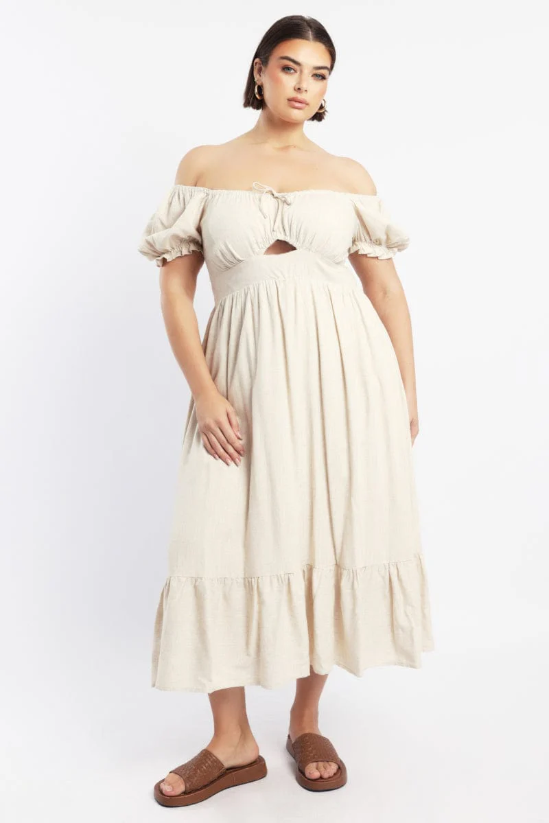 Beige Midi Dress Short Sleeve Cut Out Linen Blend - Image 2