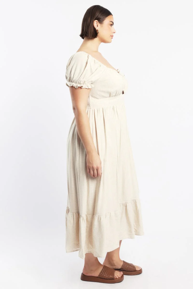 Beige Midi Dress Short Sleeve Cut Out Linen Blend - Image 3