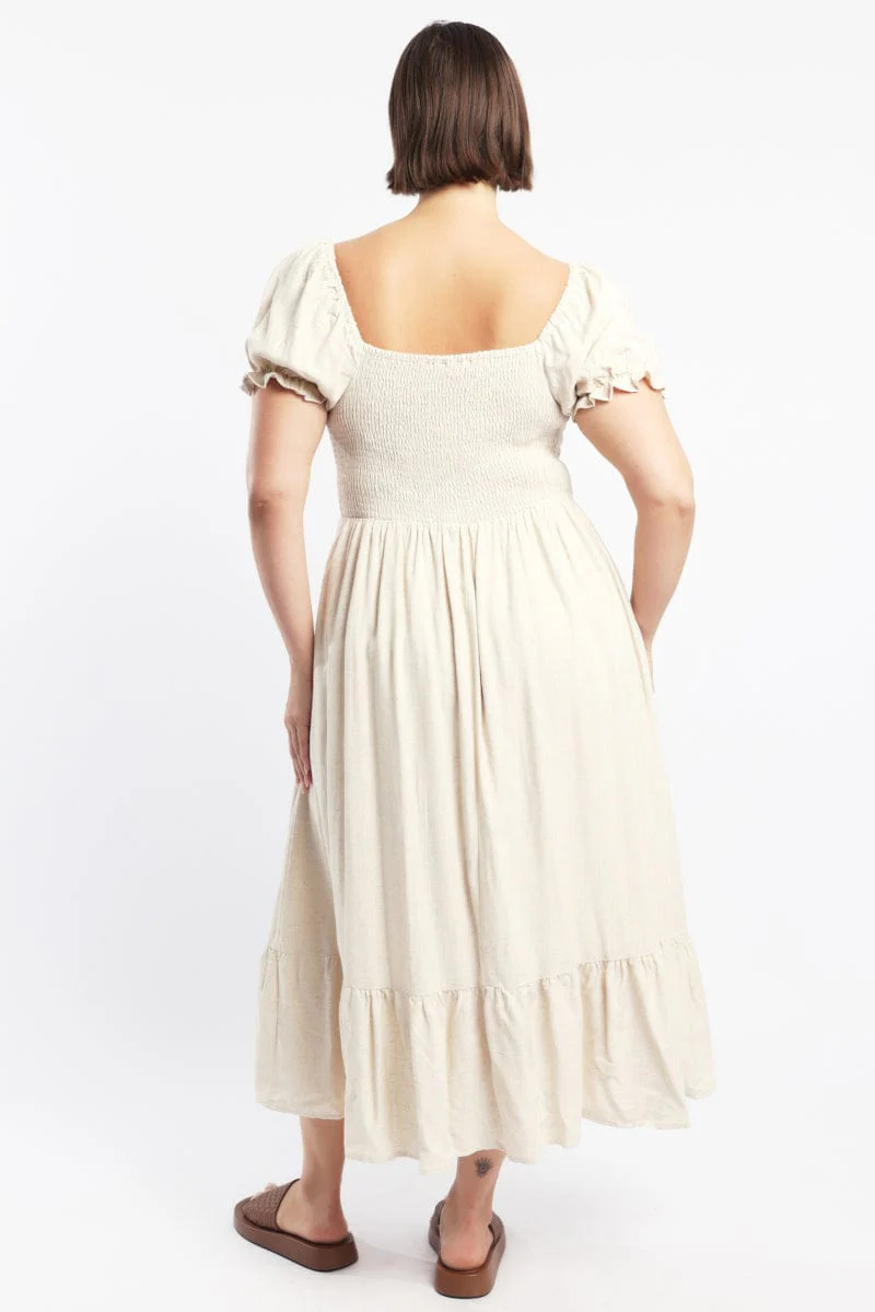 Beige Midi Dress Short Sleeve Cut Out Linen Blend - Image 4