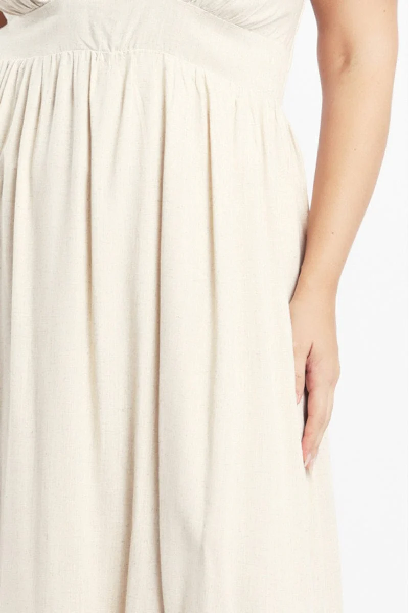 Beige Midi Dress Short Sleeve Cut Out Linen Blend - Image 5