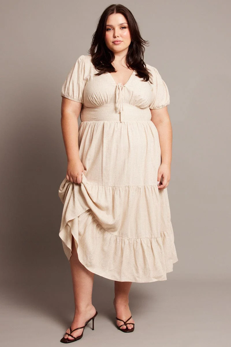 Beige Midi Dress Short Sleeve Linen Blend