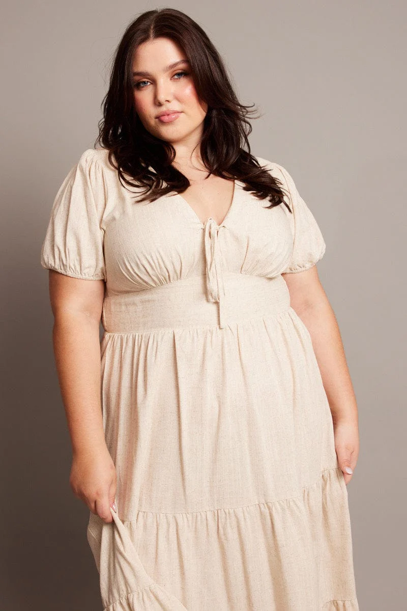 Beige Midi Dress Short Sleeve Linen Blend - Image 3