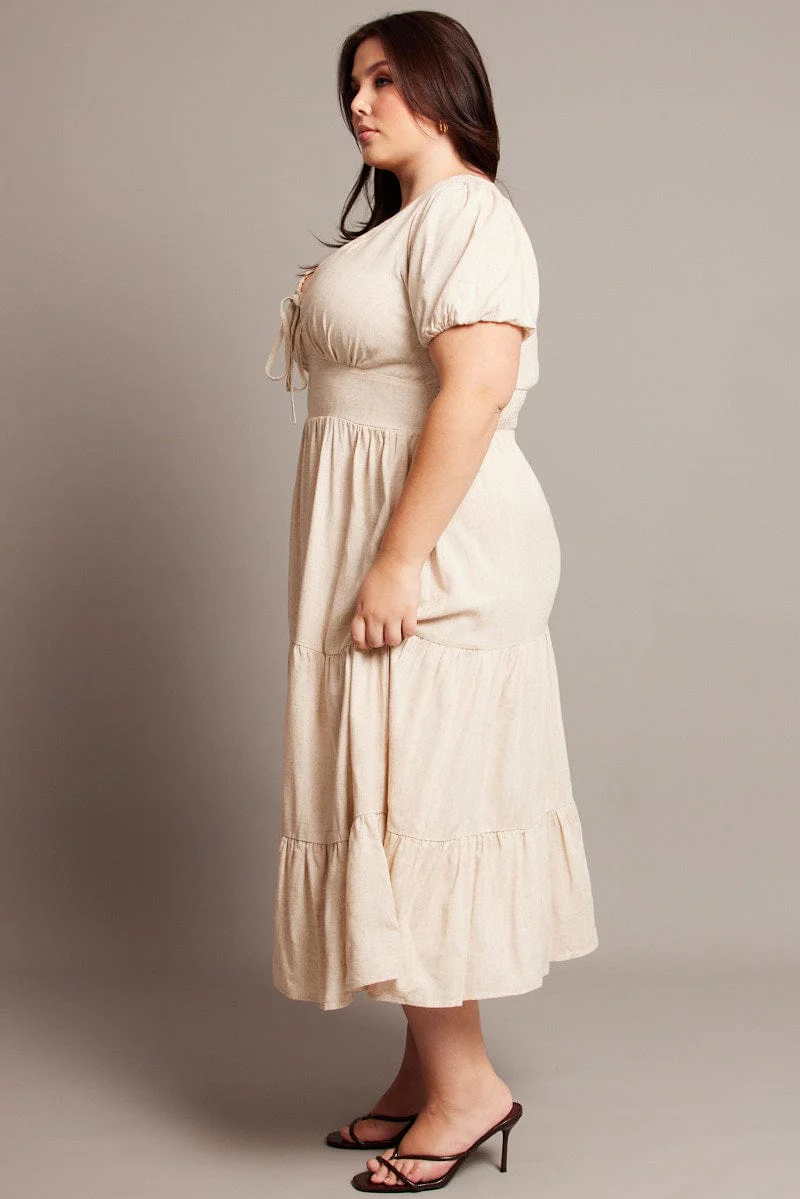 Beige Midi Dress Short Sleeve Linen Blend - Image 4