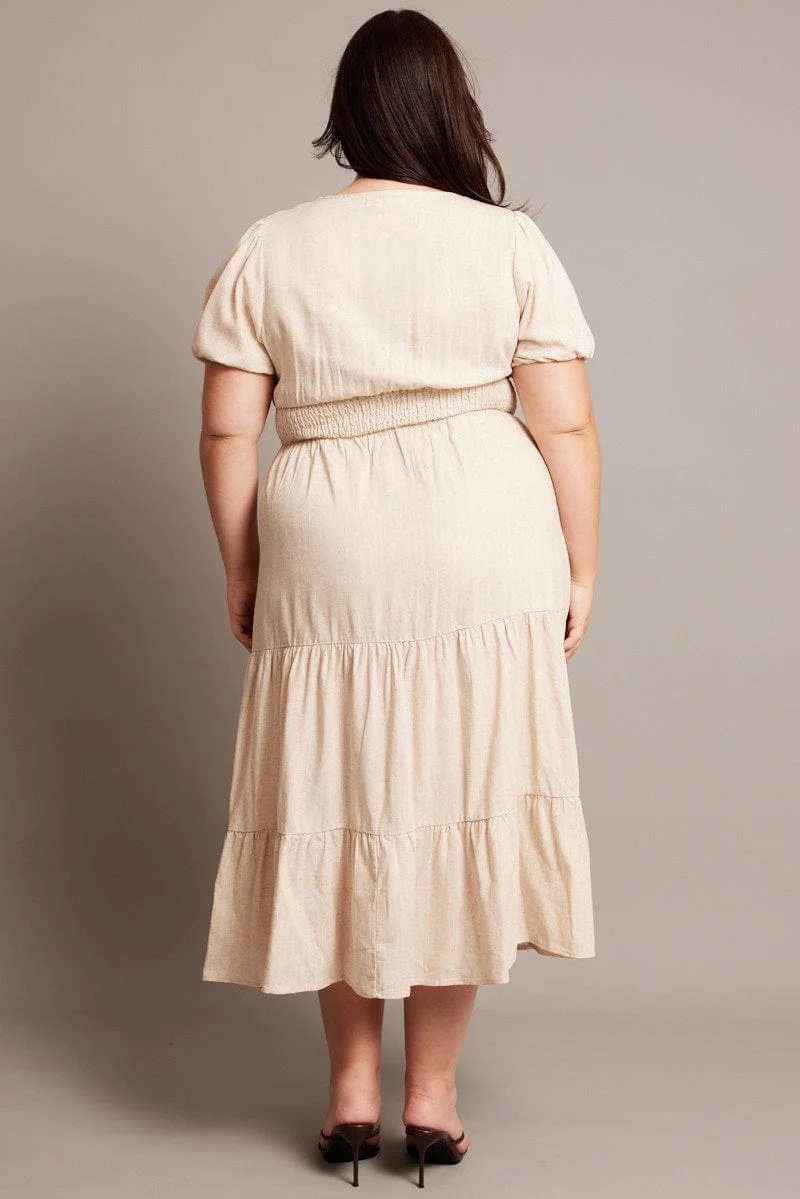 Beige Midi Dress Short Sleeve Linen Blend - Image 5
