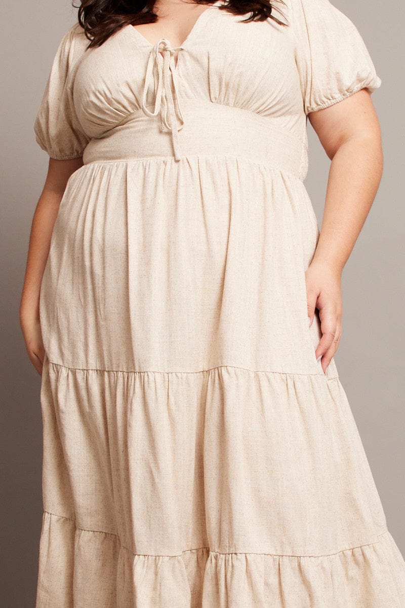 Beige Midi Dress Short Sleeve Linen Blend - Image 6