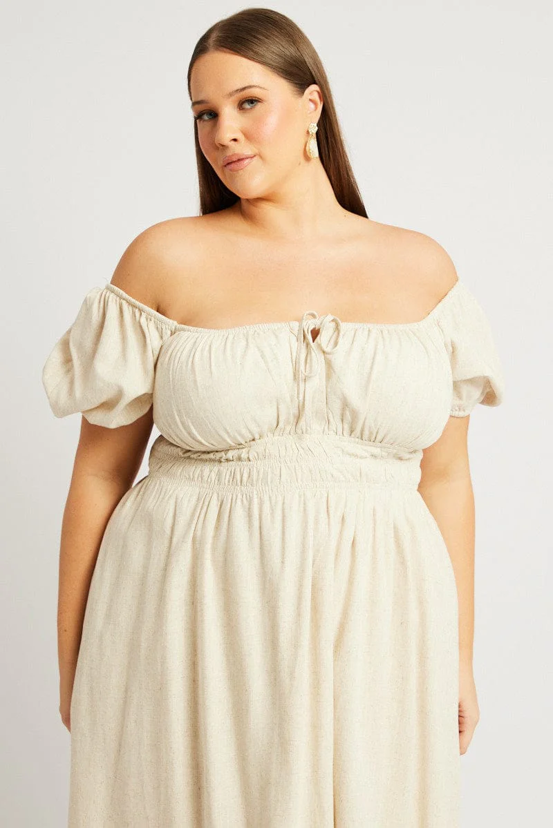 Beige Midi Dress Short Sleeve Ruched - Image 2