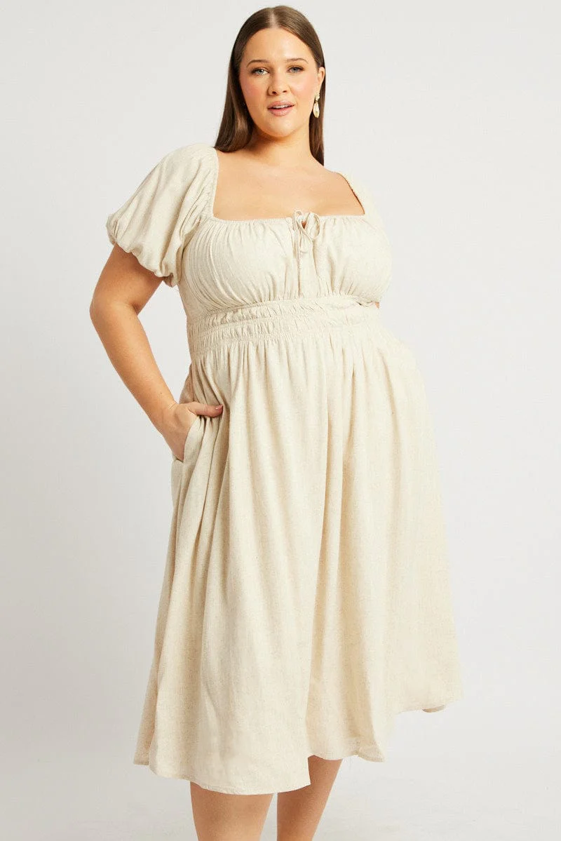 Beige Midi Dress Short Sleeve Ruched - Image 3