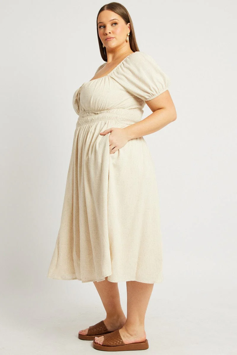Beige Midi Dress Short Sleeve Ruched - Image 4
