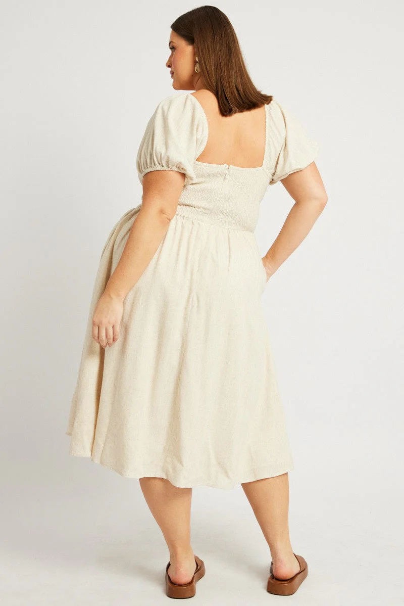 Beige Midi Dress Short Sleeve Ruched - Image 5