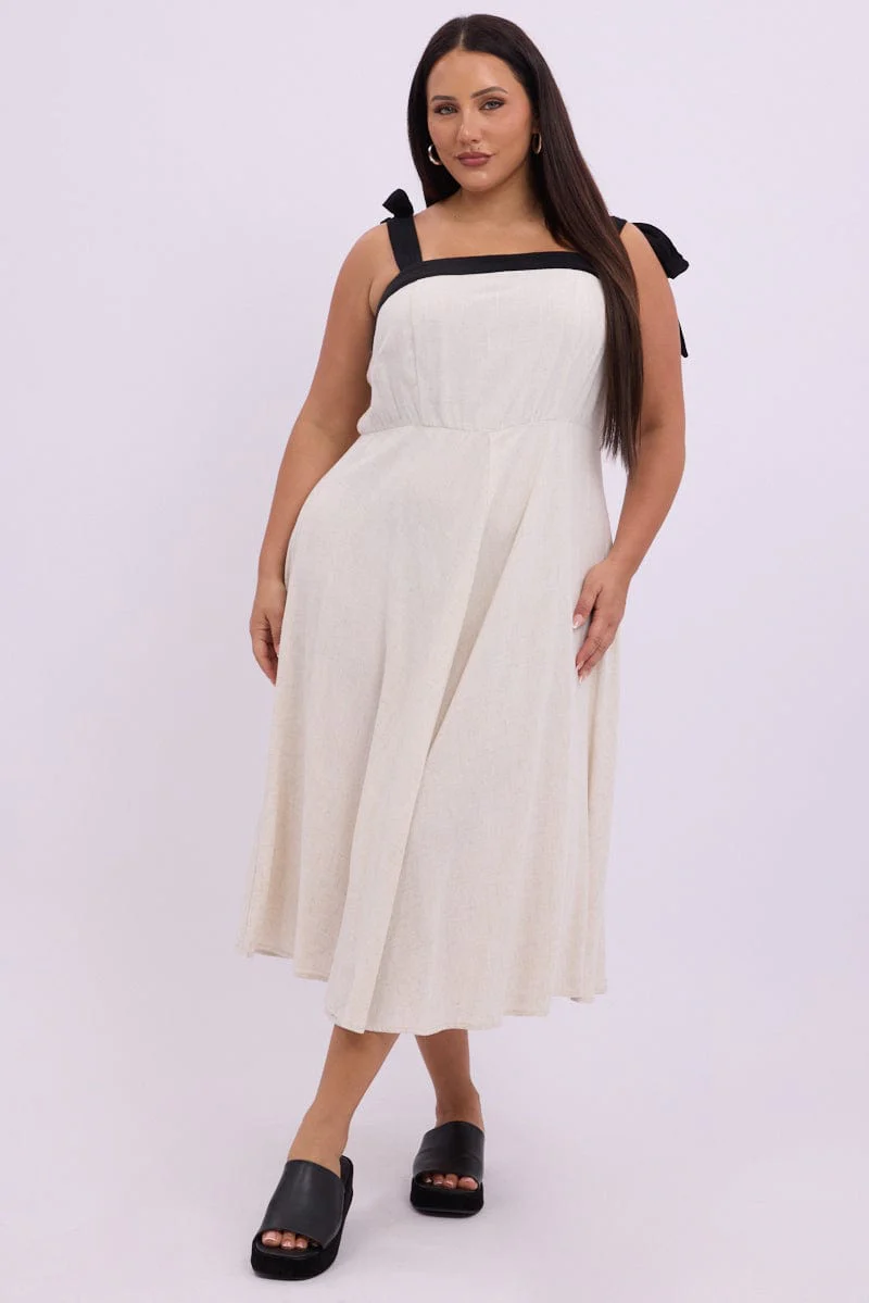 Beige Midi Dress Sleeveless Contrast Shoulder Tie