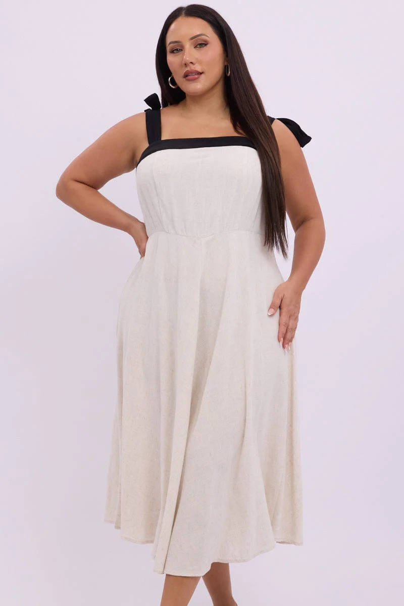 Beige Midi Dress Sleeveless Contrast Shoulder Tie - Image 2
