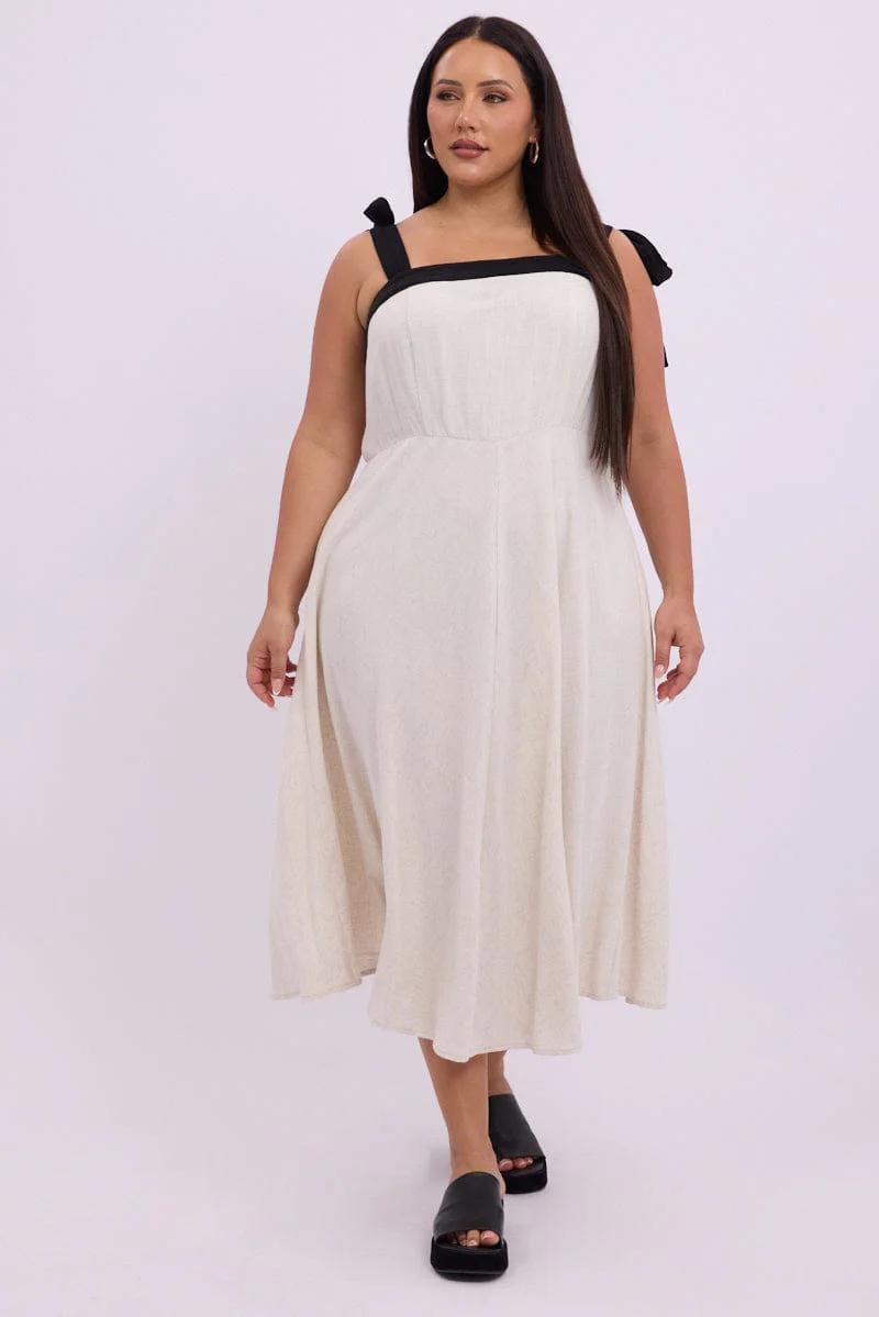 Beige Midi Dress Sleeveless Contrast Shoulder Tie - Image 3