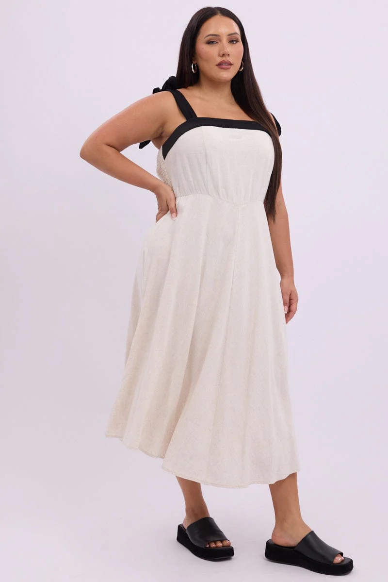 Beige Midi Dress Sleeveless Contrast Shoulder Tie - Image 4