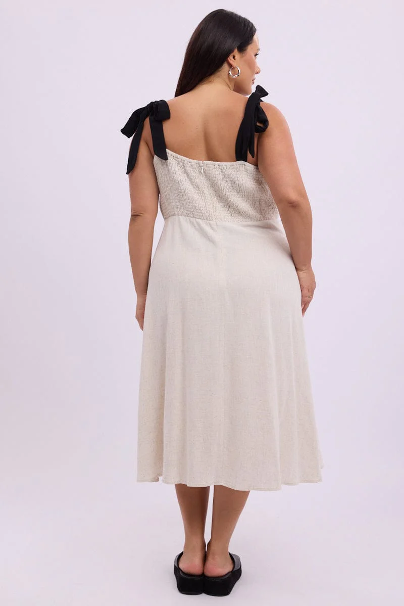 Beige Midi Dress Sleeveless Contrast Shoulder Tie - Image 5