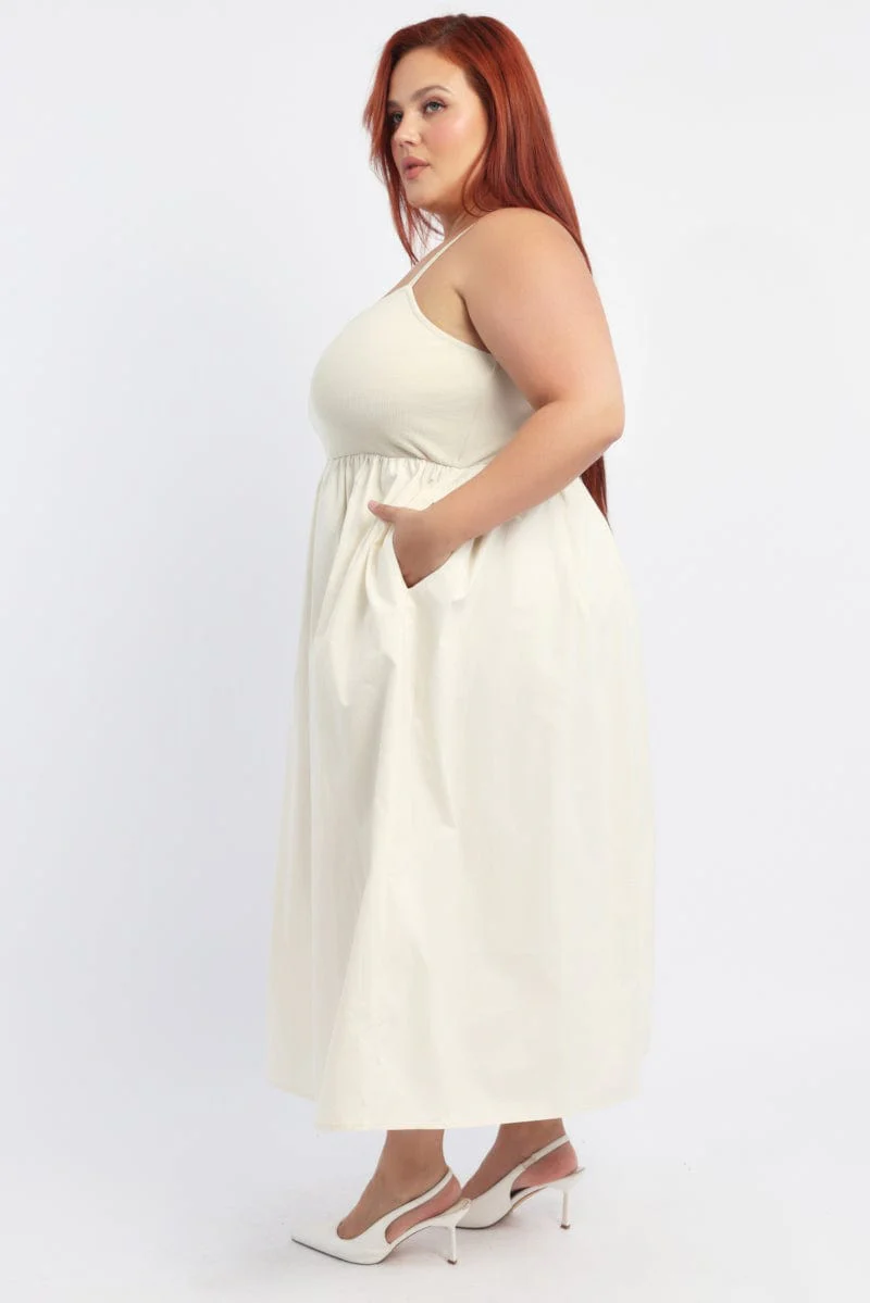 Beige Midi Dress Sleeveless Poplin Skirt - Image 3