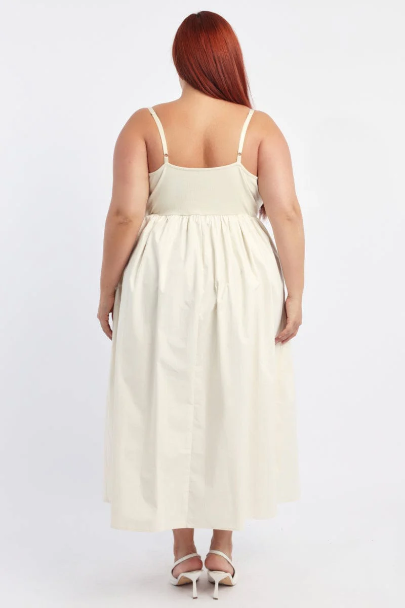 Beige Midi Dress Sleeveless Poplin Skirt - Image 4