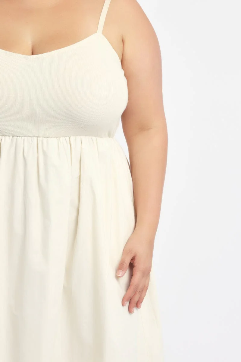Beige Midi Dress Sleeveless Poplin Skirt - Image 5