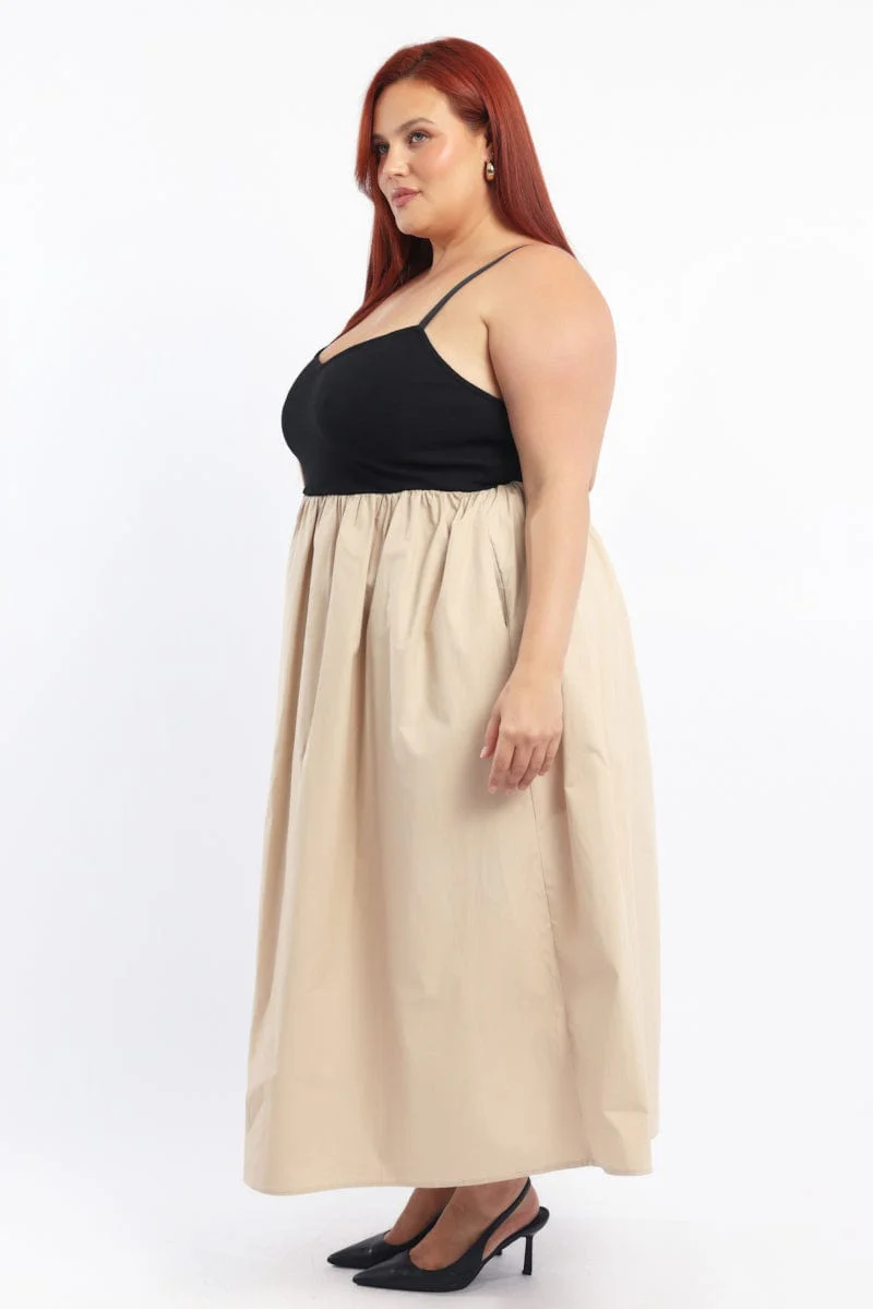 Beige Midi Dress Sleeveless Poplin Skirt - Image 3